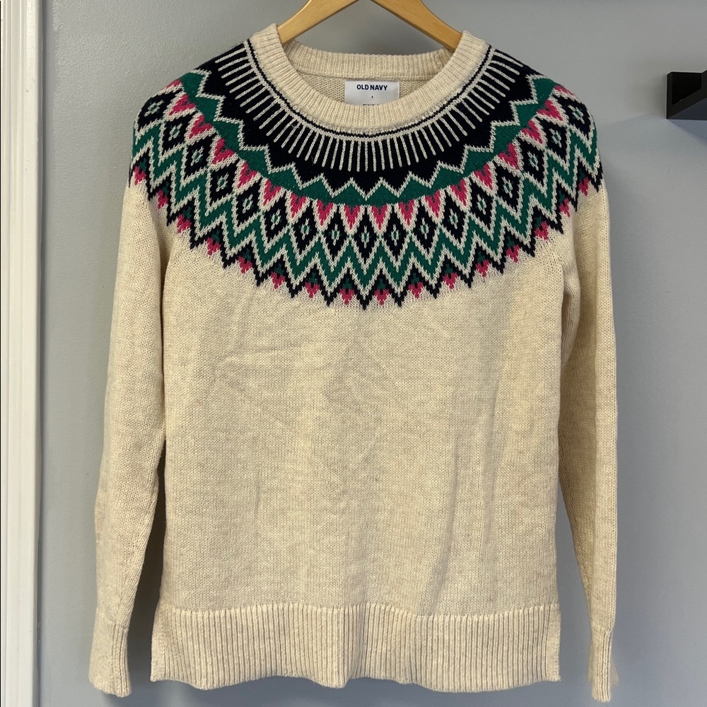 Twee Cream Knit Sweater with Geometric Design Sz S